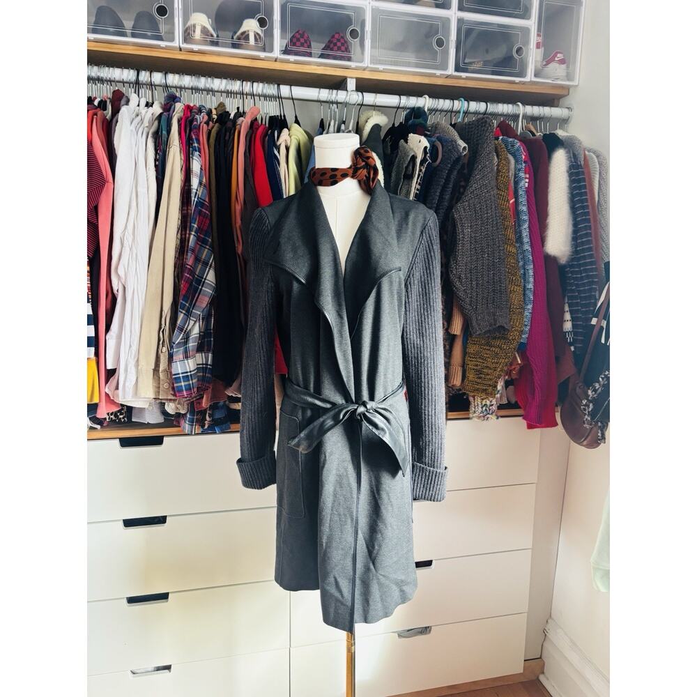 Gorgeous Lafayette 148‎ Grey Knit Wrap Trench Coat Jacket Belted Size Large